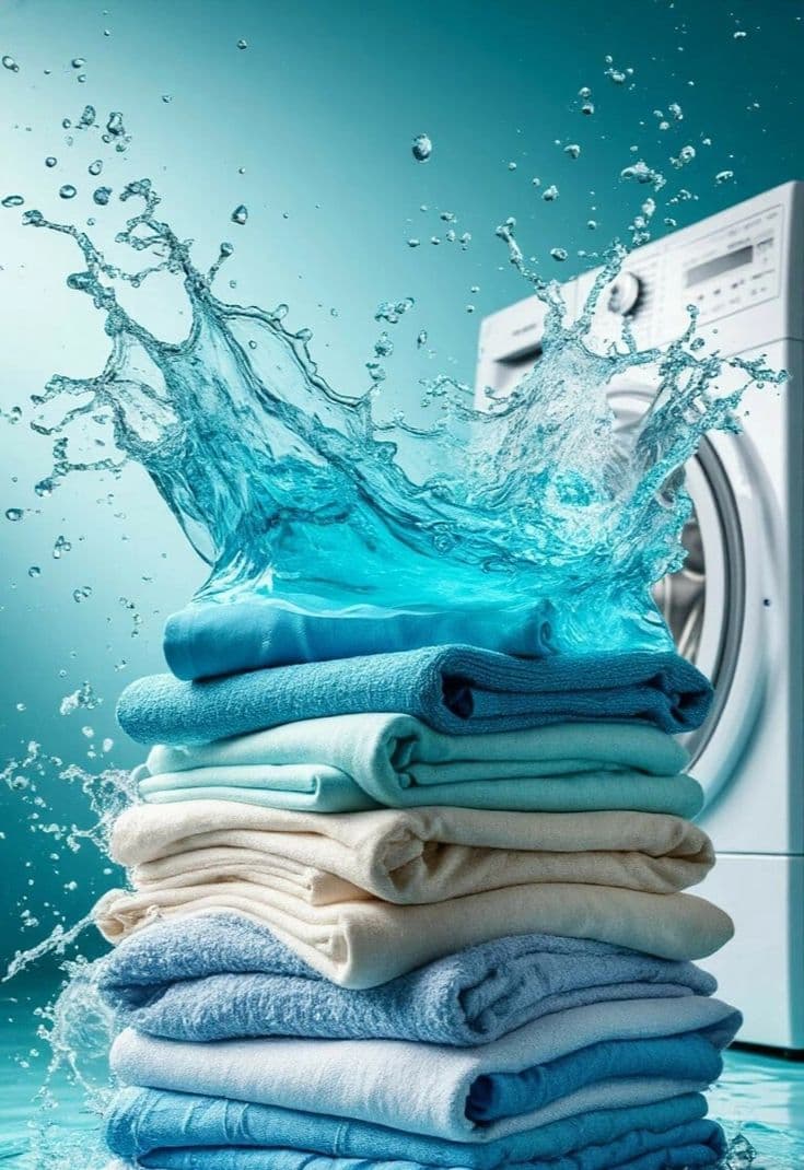 Toalhas dobradas com agua em destaque na frente de uma maquina de lavar